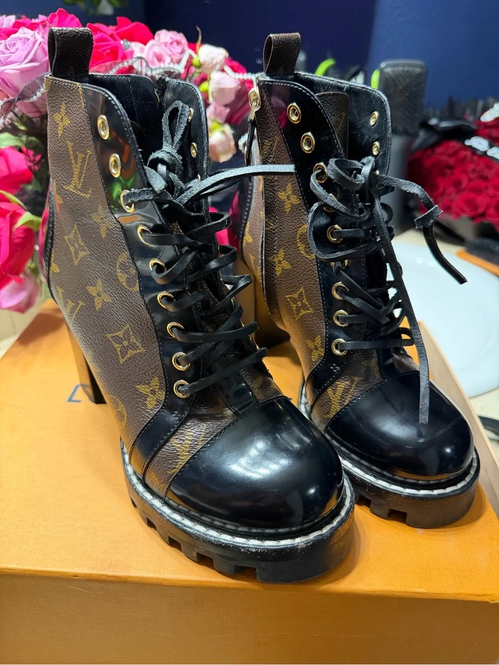 Louis Vuitton Black and Brown Monogram Lace-Up Platform Boots